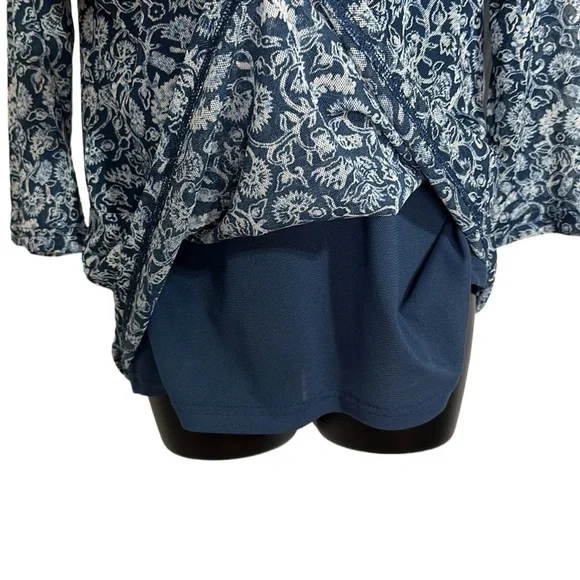 Chaps Denim Blue & White Paisley Ruffle Collar Lace-up neck 3/4 Sleeve Top Sz XL - Picture 6 of 9